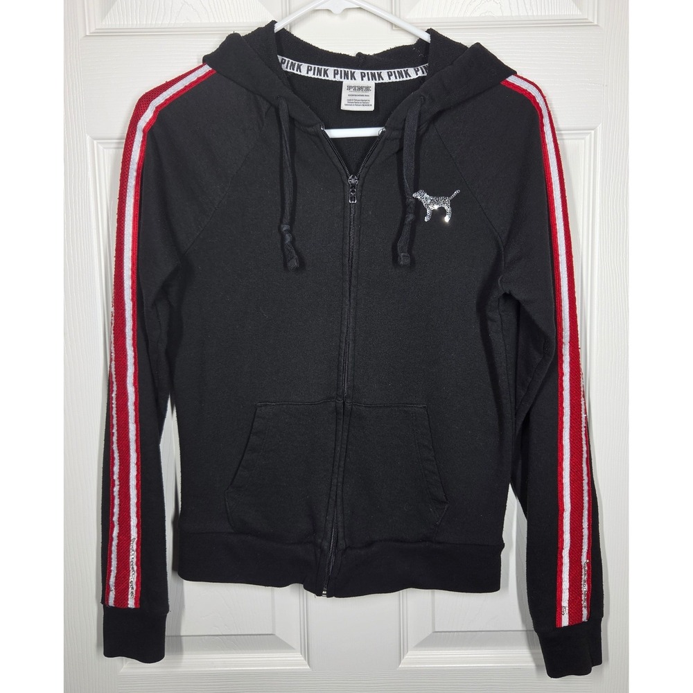 Victoria's Secret PINK Y2K LOVE PINK Sequined Dog Bling Zip Hoodie Black XS Rare - Picture 2 of 10